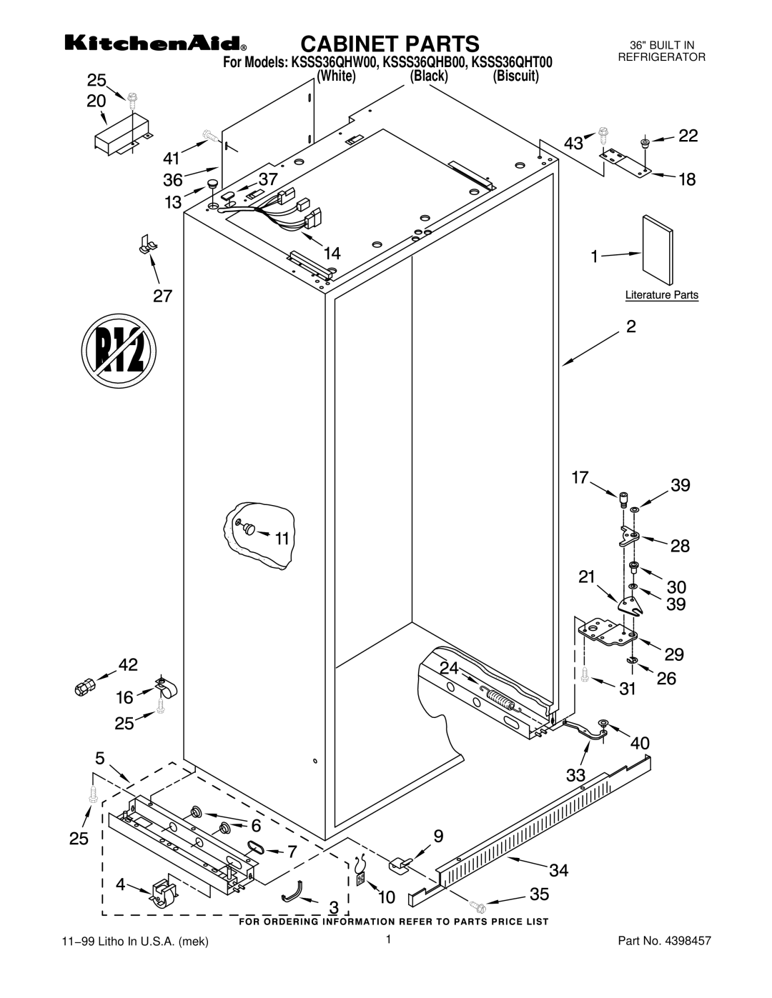 KitchenAid KSSS36QHW00, KSSS36QHT00, KSSS36QHB00 manual Cabinet Parts 