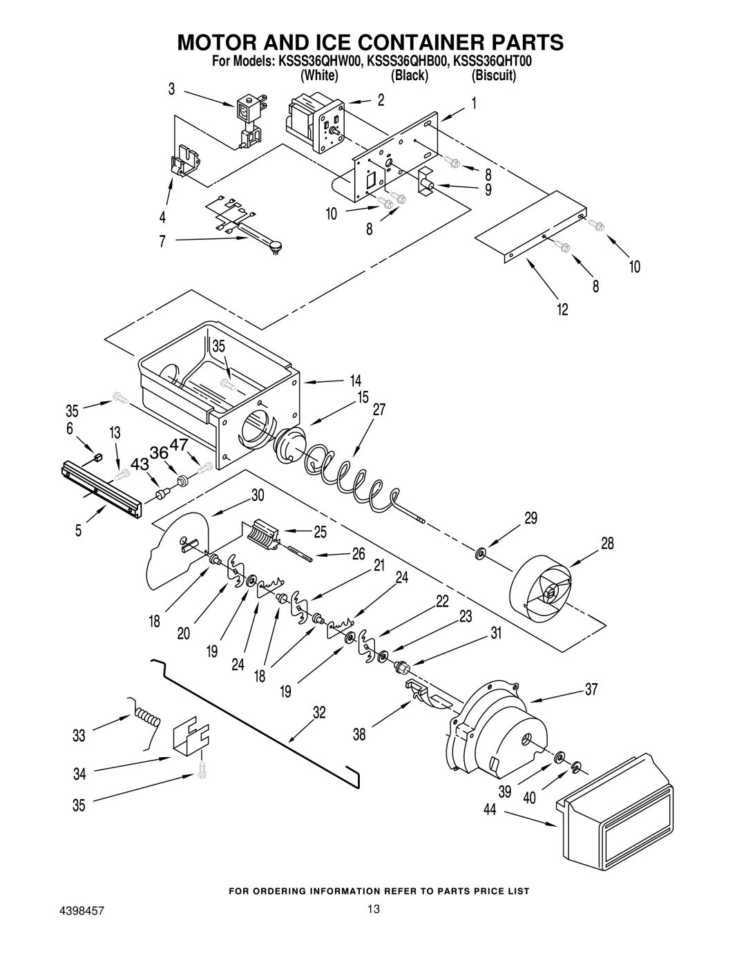 KitchenAid KSSS36QHW00, KSSS36QHT00, KSSS36QHB00 manual Motor and ICE Container Parts 