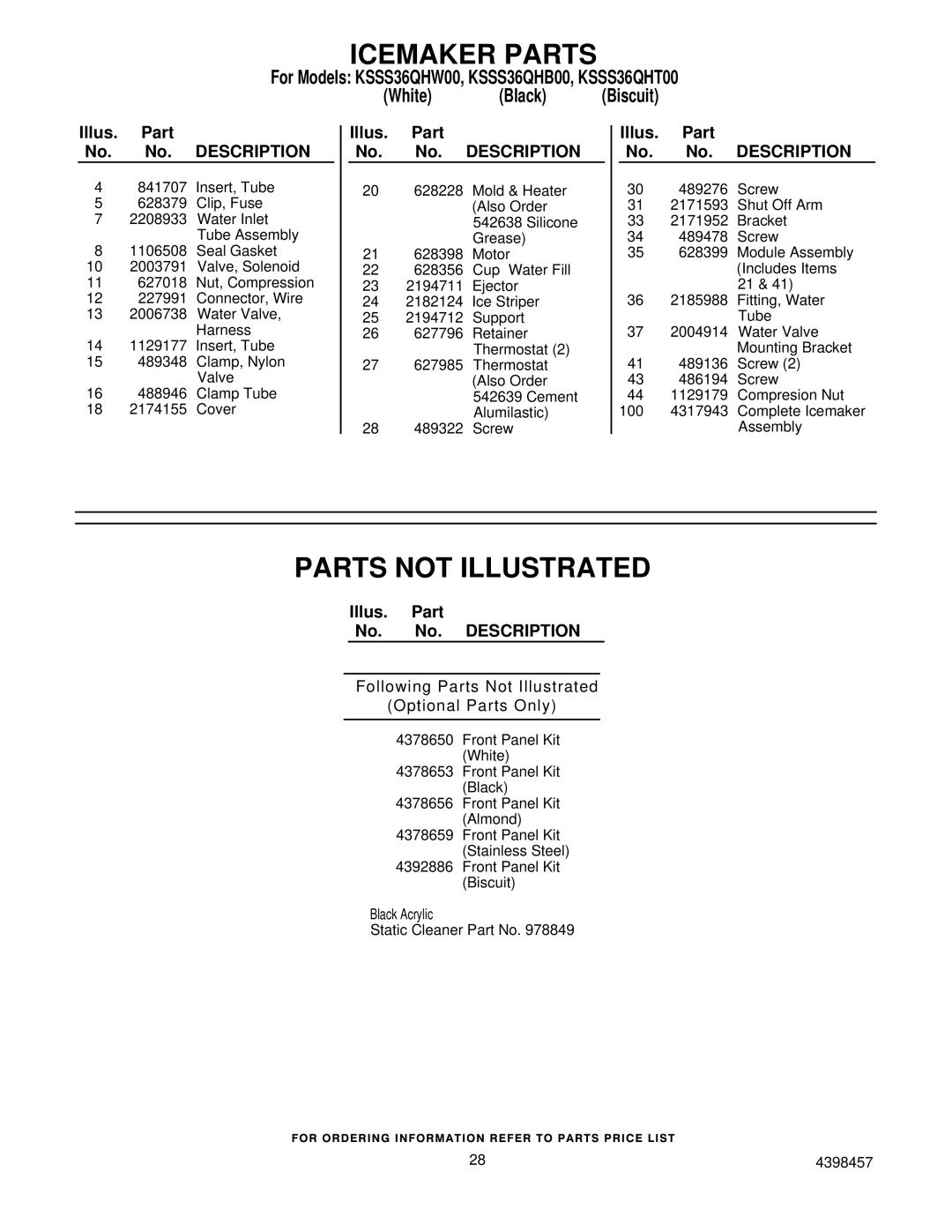 KitchenAid KSSS36QHW00, KSSS36QHT00, KSSS36QHB00 manual Icemaker Parts, Parts not Illustrated 