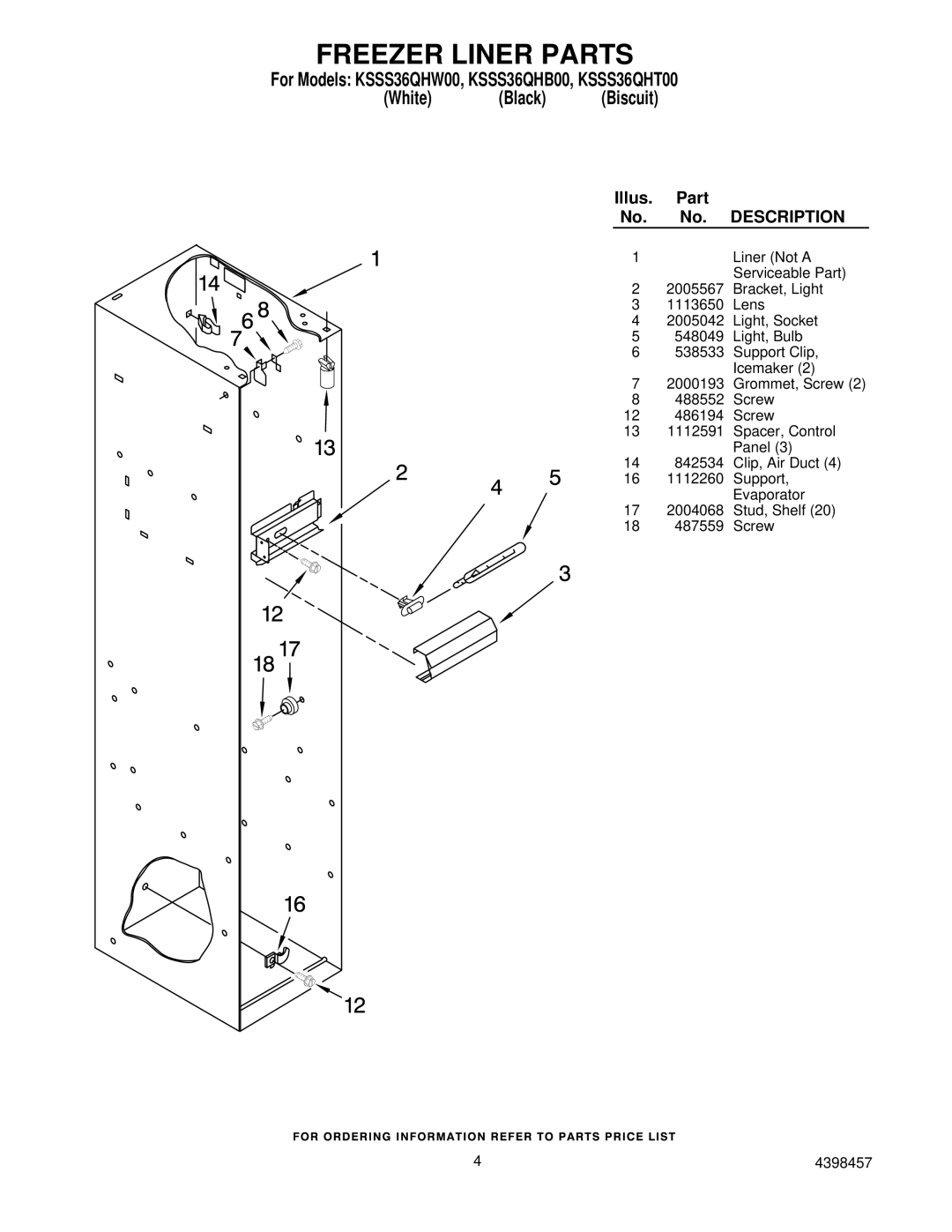 KitchenAid KSSS36QHW00, KSSS36QHT00, KSSS36QHB00 manual Freezer Liner Parts 