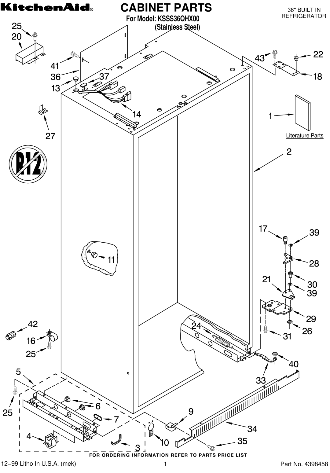 KitchenAid KSSS36QHX00 manual Cabinet Parts 