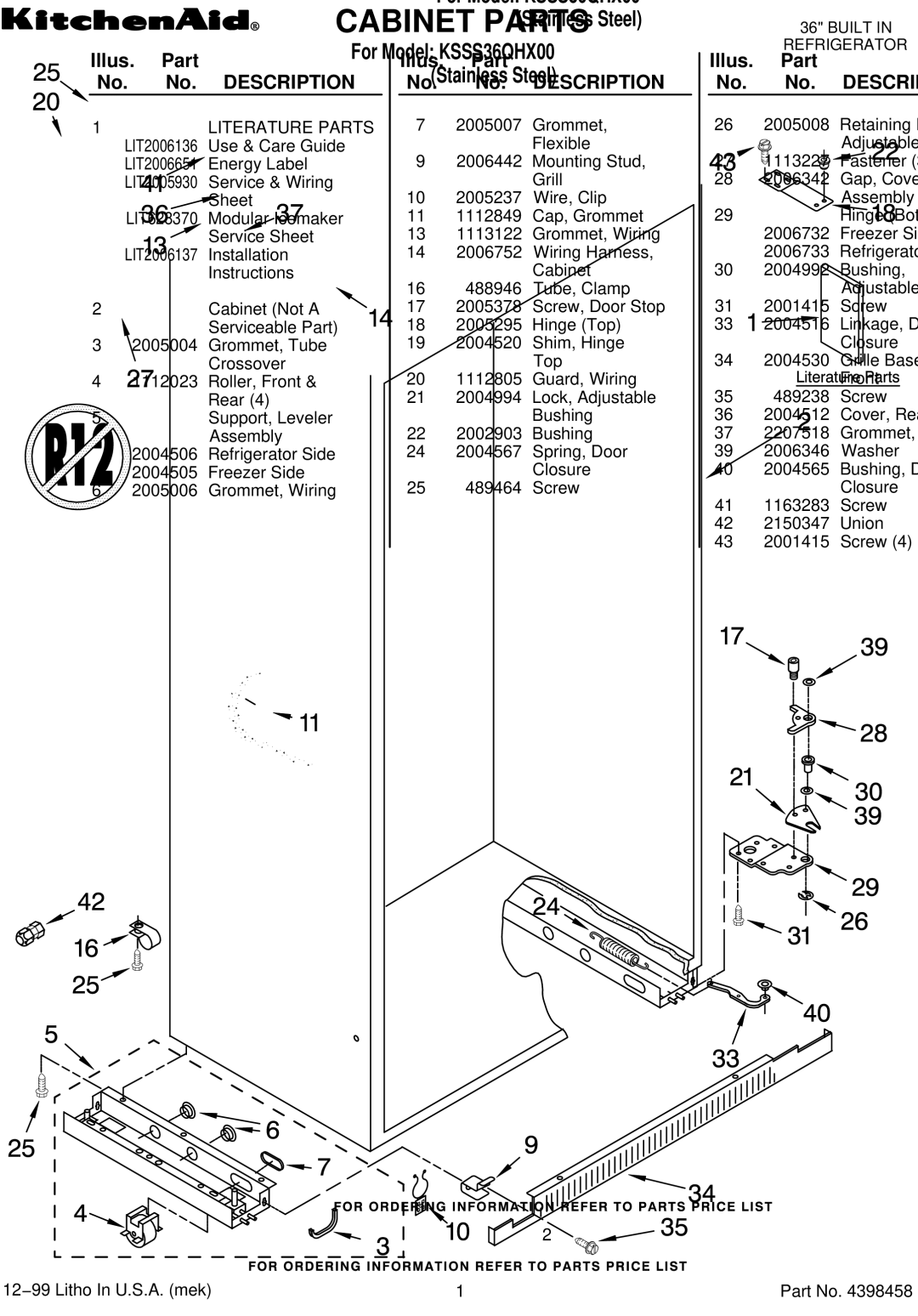 KitchenAid KSSS36QHX00 manual Illus. Part No. No. Description 