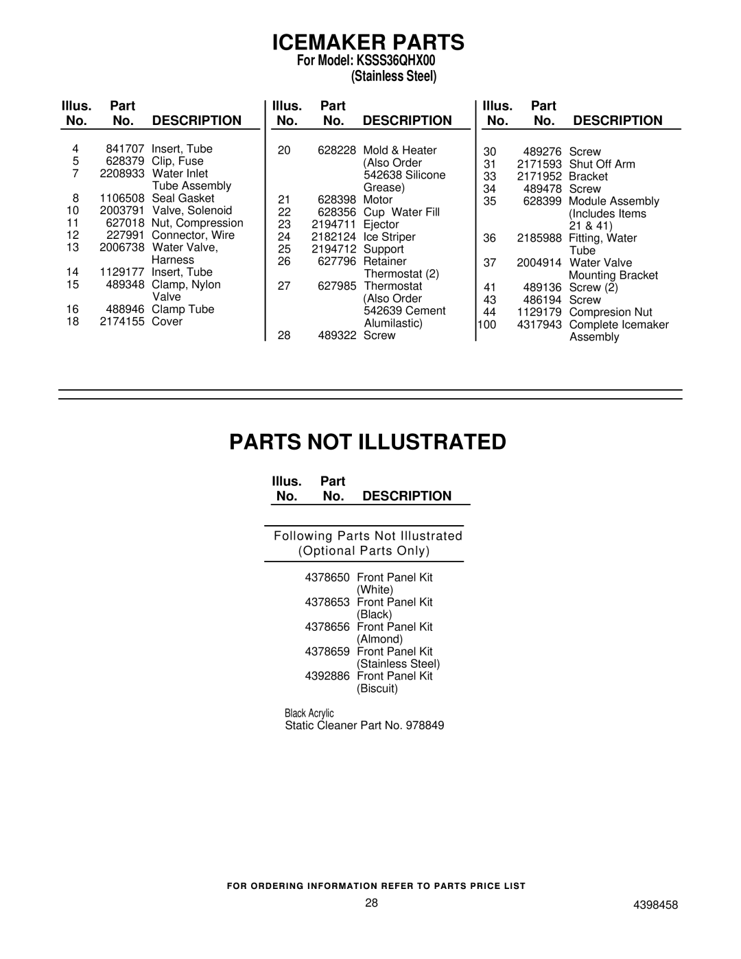 KitchenAid KSSS36QHX00 manual Icemaker Parts, Parts not Illustrated 
