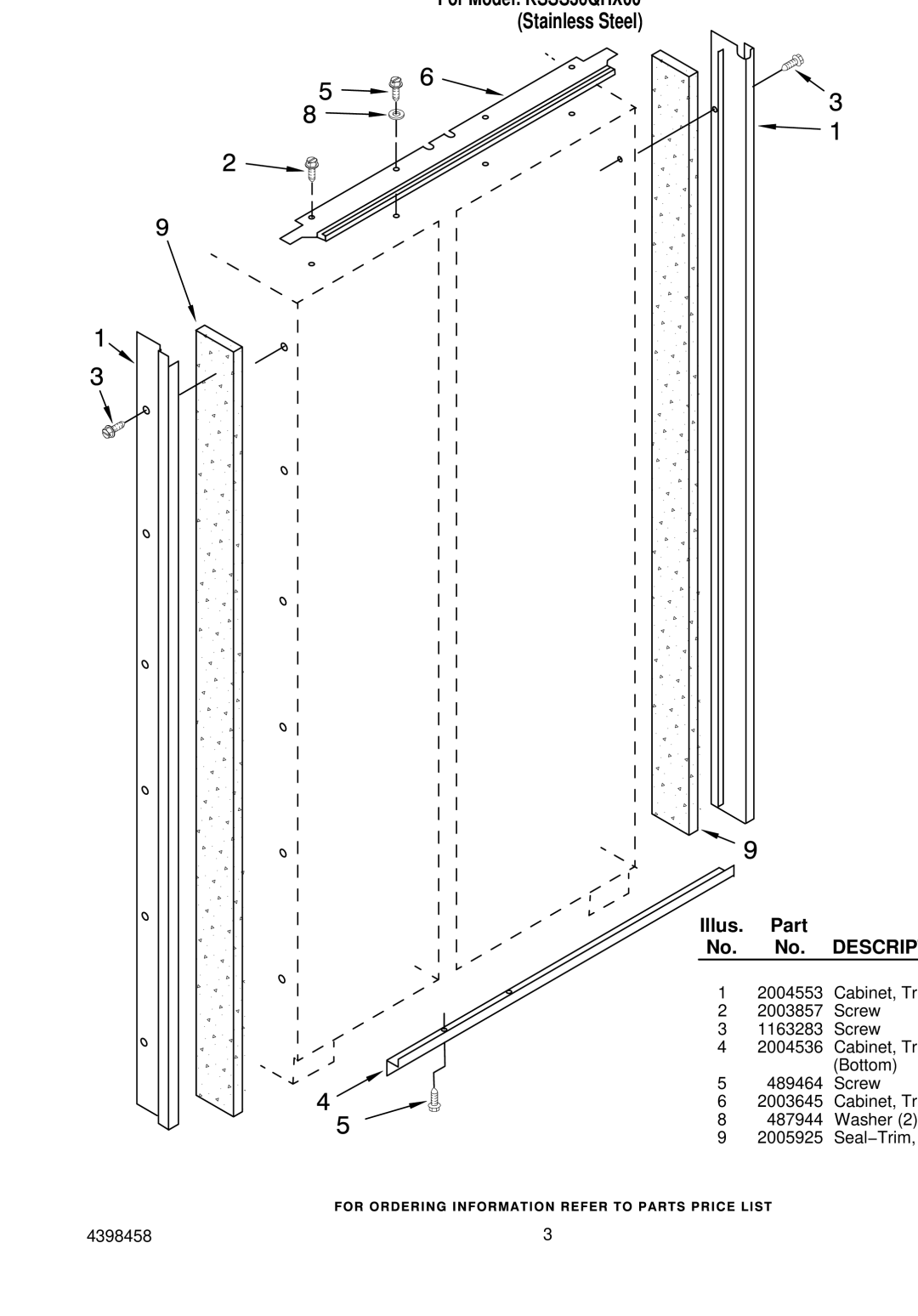 KitchenAid manual Cabinet Trim Parts, For Model KSSS36QHX00 Stainless Steel 