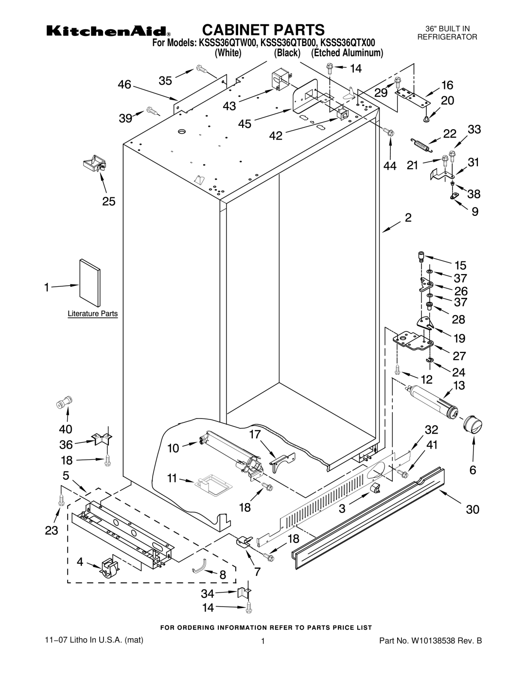 KitchenAid KSSS36QTB00, KSSS36QTW00, KSSS36QTX00 manual Cabinet Parts 