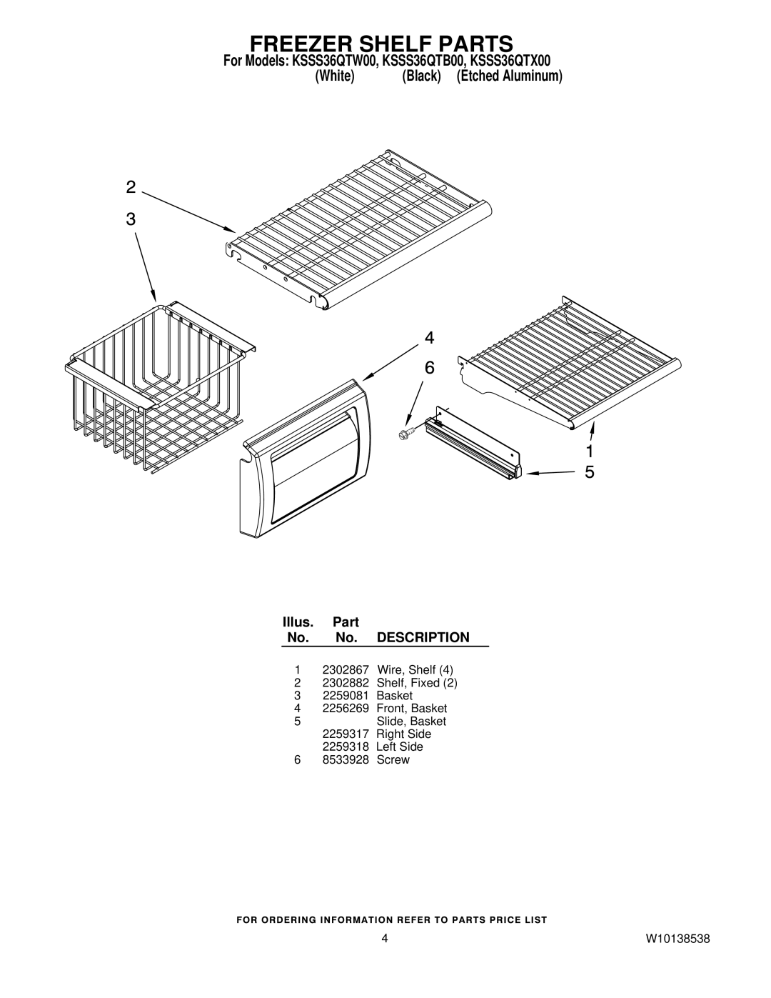 KitchenAid KSSS36QTB00, KSSS36QTW00, KSSS36QTX00 manual Freezer Shelf Parts 