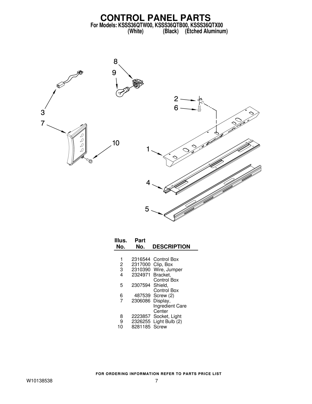 KitchenAid KSSS36QTB00, KSSS36QTW00, KSSS36QTX00 manual Control Panel Parts 