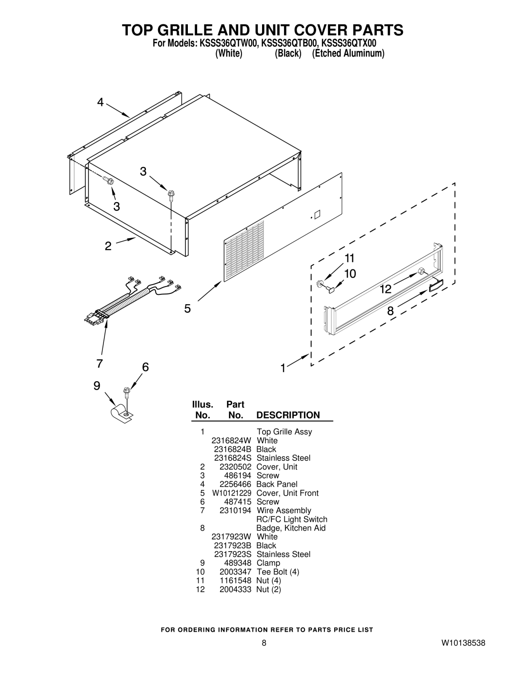 KitchenAid KSSS36QTX00, KSSS36QTW00, KSSS36QTB00 manual TOP Grille and Unit Cover Parts 