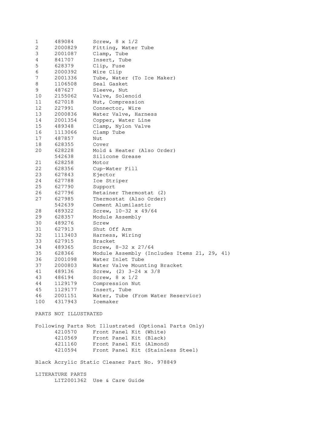 KitchenAid KSSS42DAW01 manual Parts not Illustrated 