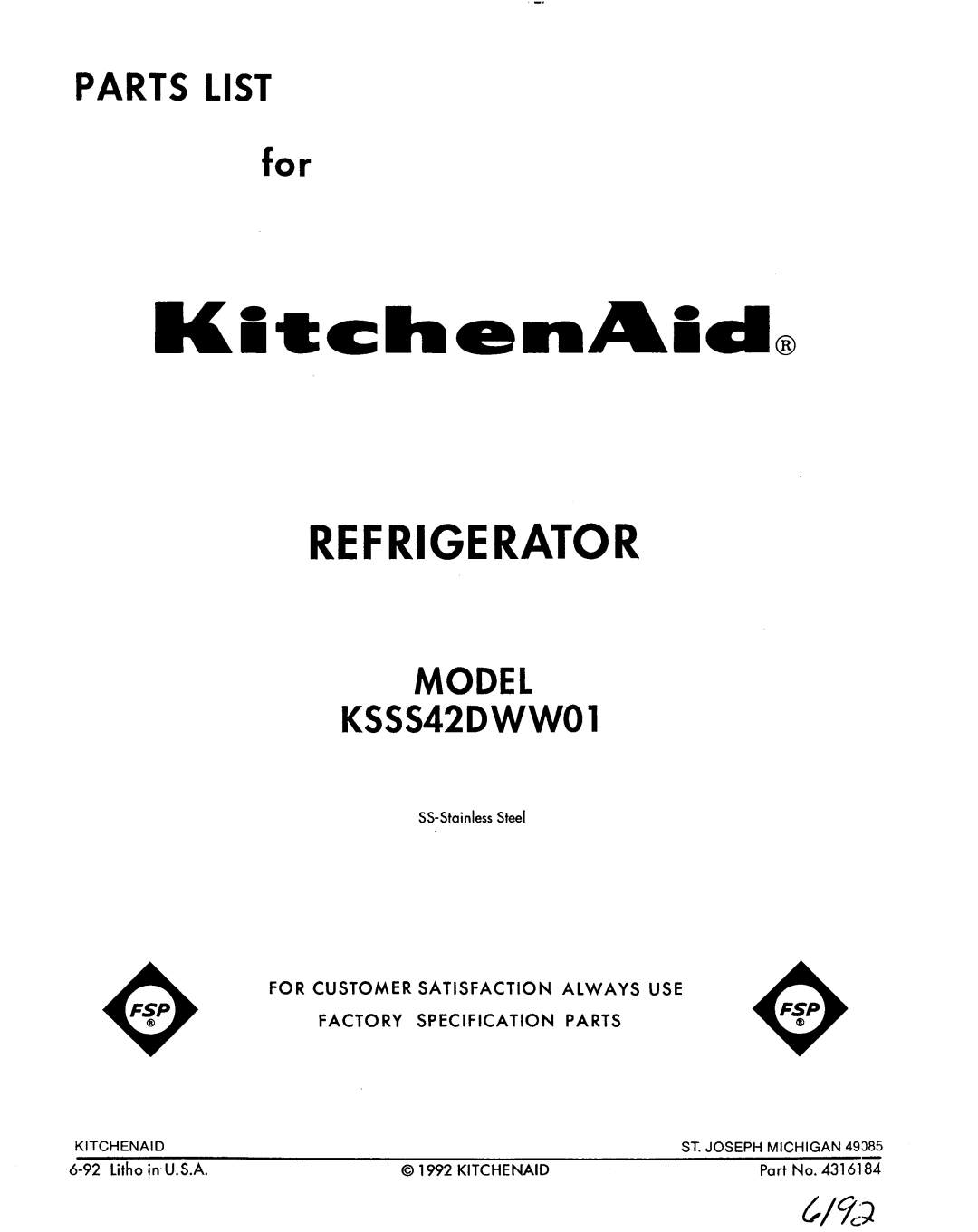 KitchenAid KSSS42DWW01 manual 