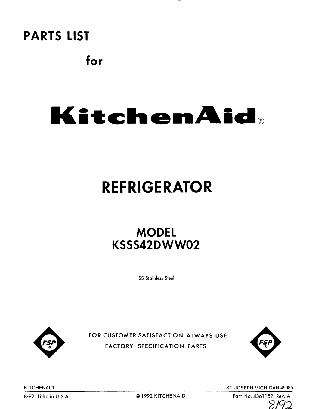 KitchenAid KSSS42DWW02 manual 