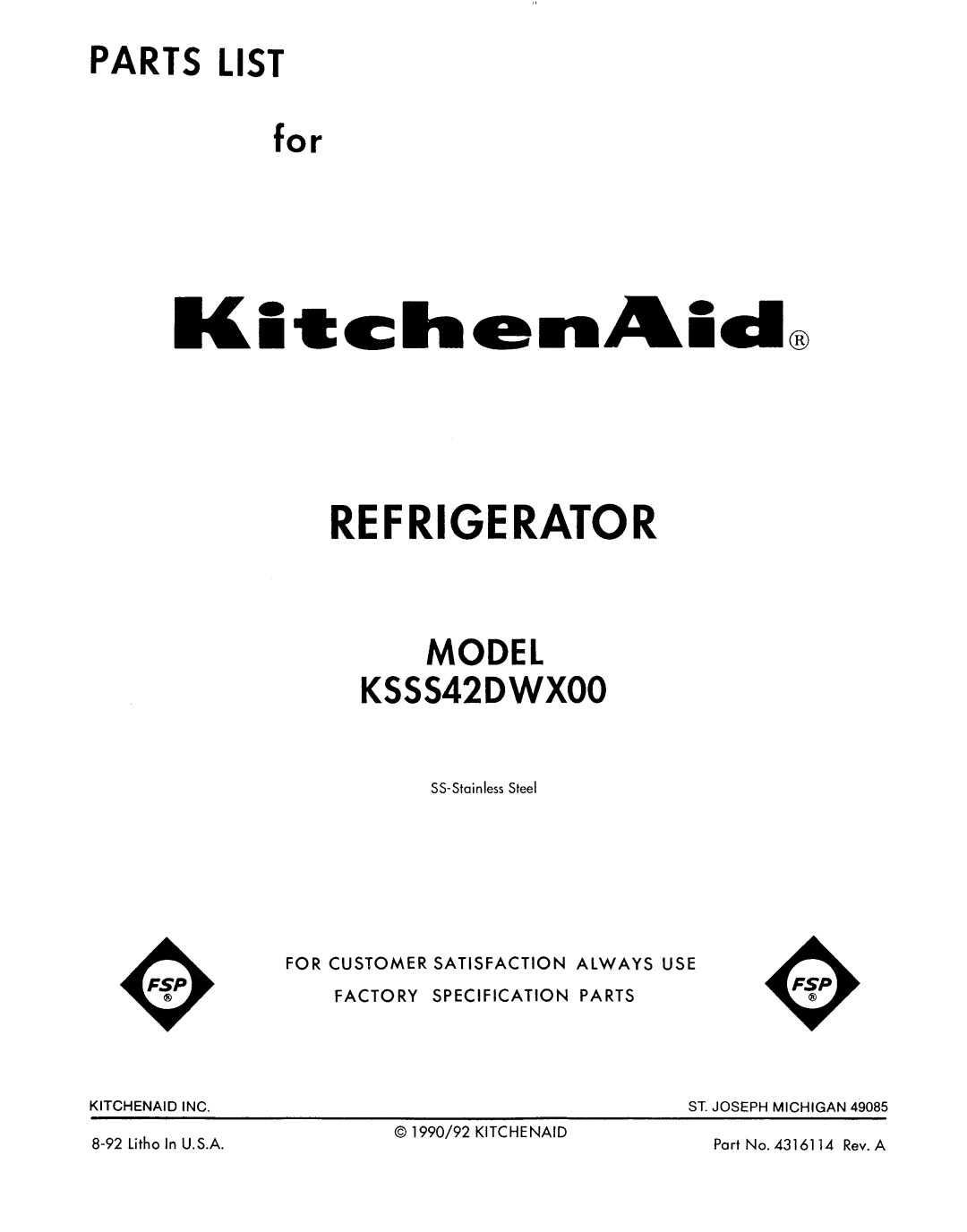 KitchenAid KSSS42DWX00 manual 