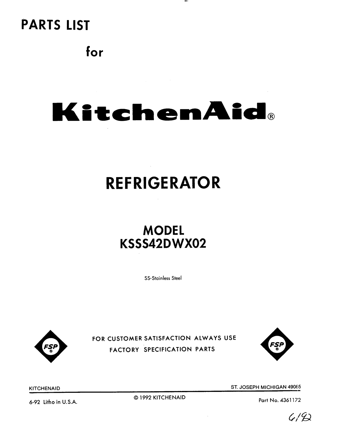 KitchenAid KSSS42DWX02 manual 