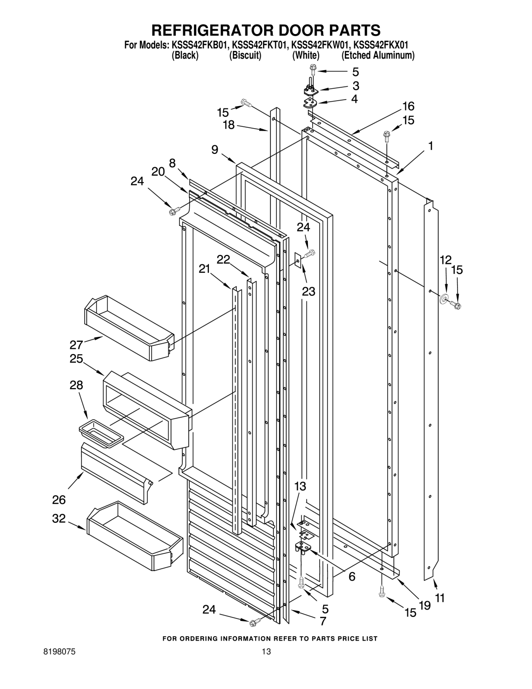 KitchenAid KSSS42FKT01, KSSS42FKW01, KSSS42FKX01, KSSS42FKB01 manual Refrigerator Door Parts 