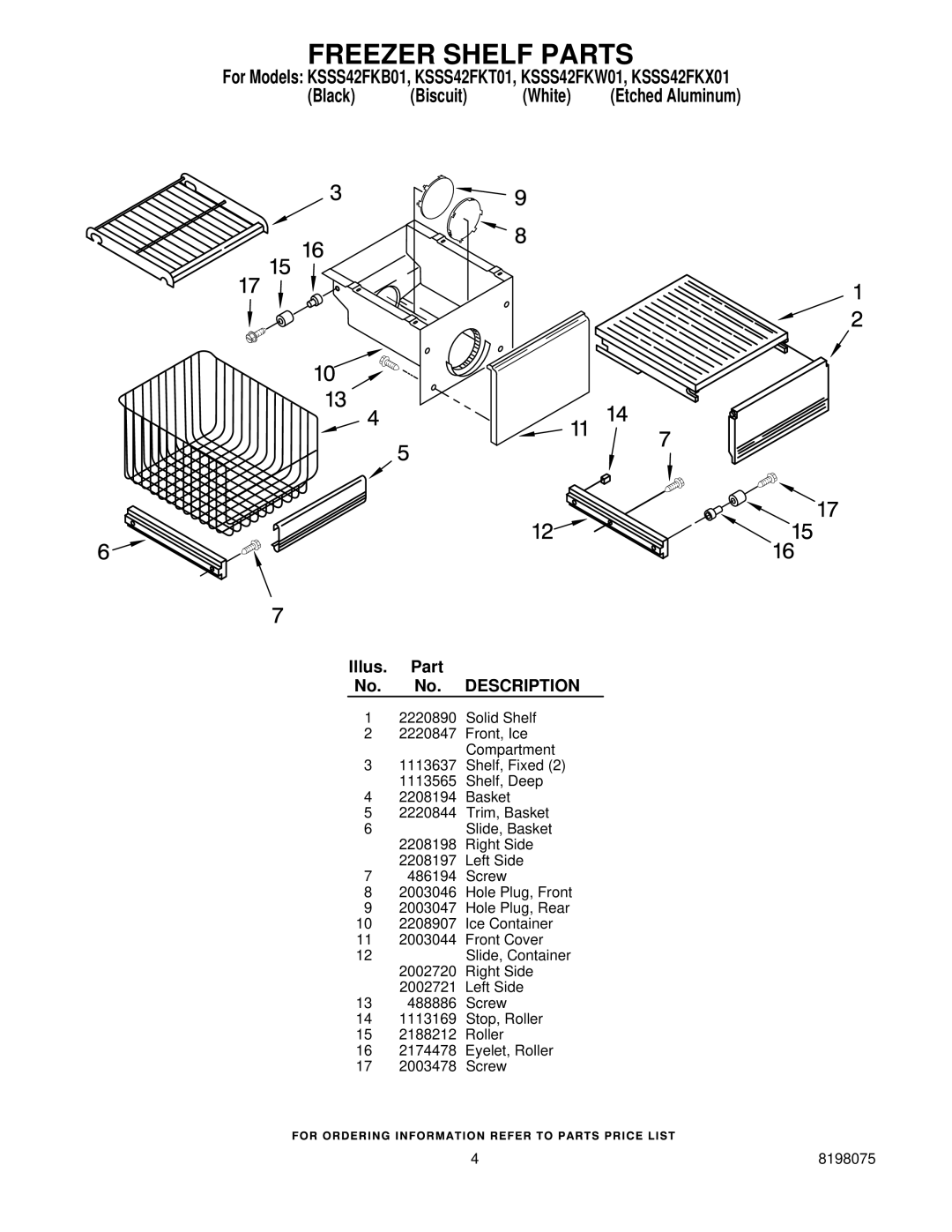 KitchenAid KSSS42FKW01, KSSS42FKT01, KSSS42FKX01, KSSS42FKB01 manual Freezer Shelf Parts 