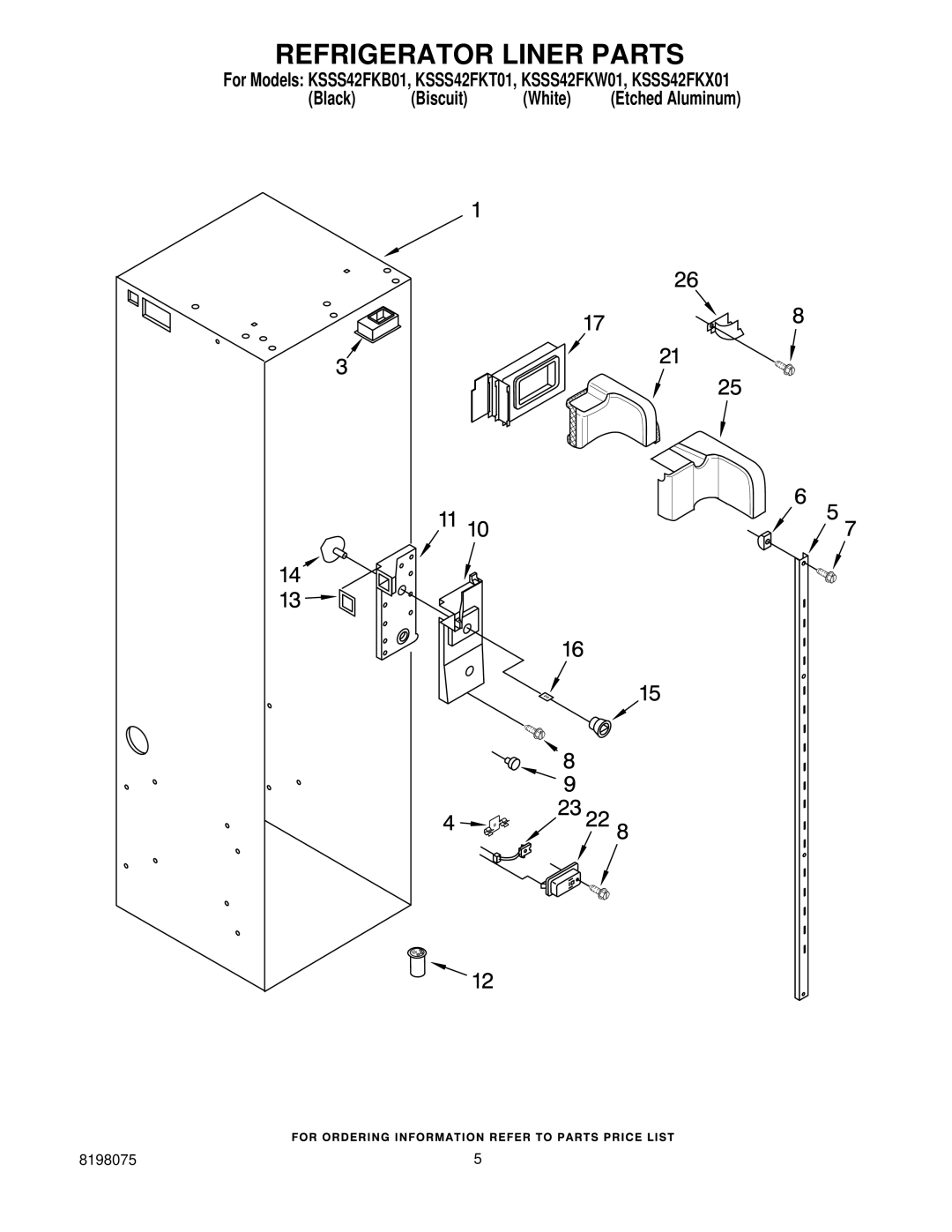 KitchenAid KSSS42FKT01, KSSS42FKW01, KSSS42FKX01, KSSS42FKB01 manual Refrigerator Liner Parts 