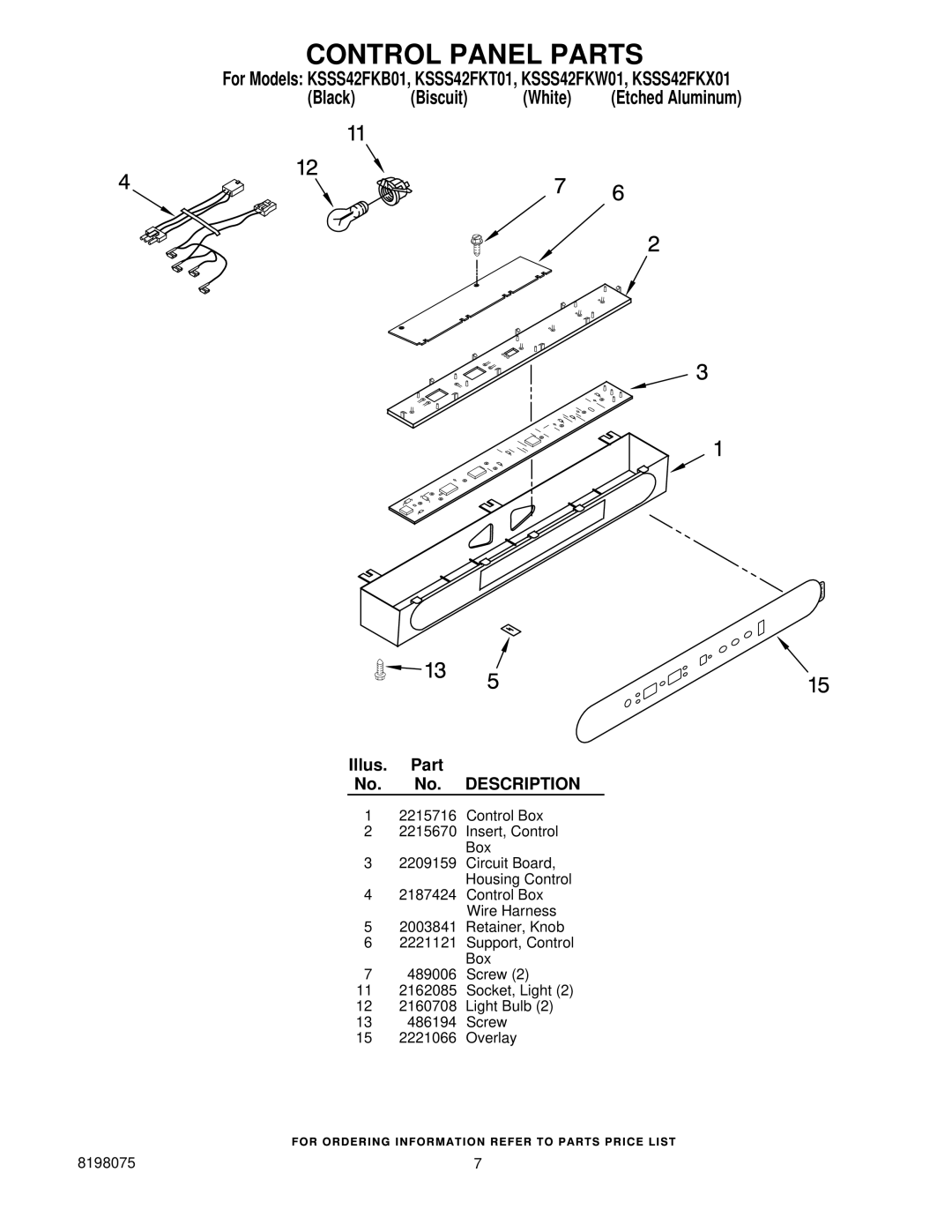 KitchenAid KSSS42FKB01, KSSS42FKW01, KSSS42FKT01, KSSS42FKX01 manual Control Panel Parts 