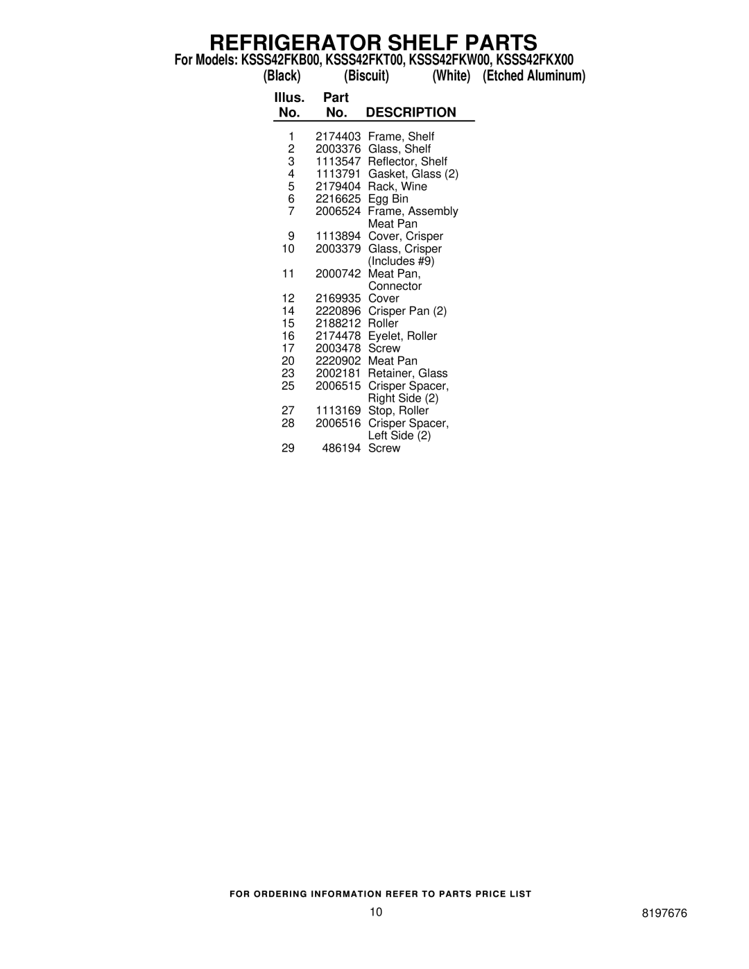 KitchenAid KSSS42FKB00, KSSS42FKX00, KSSS42FKW00, KSSS42FKT00 manual Illus Part No. Description 