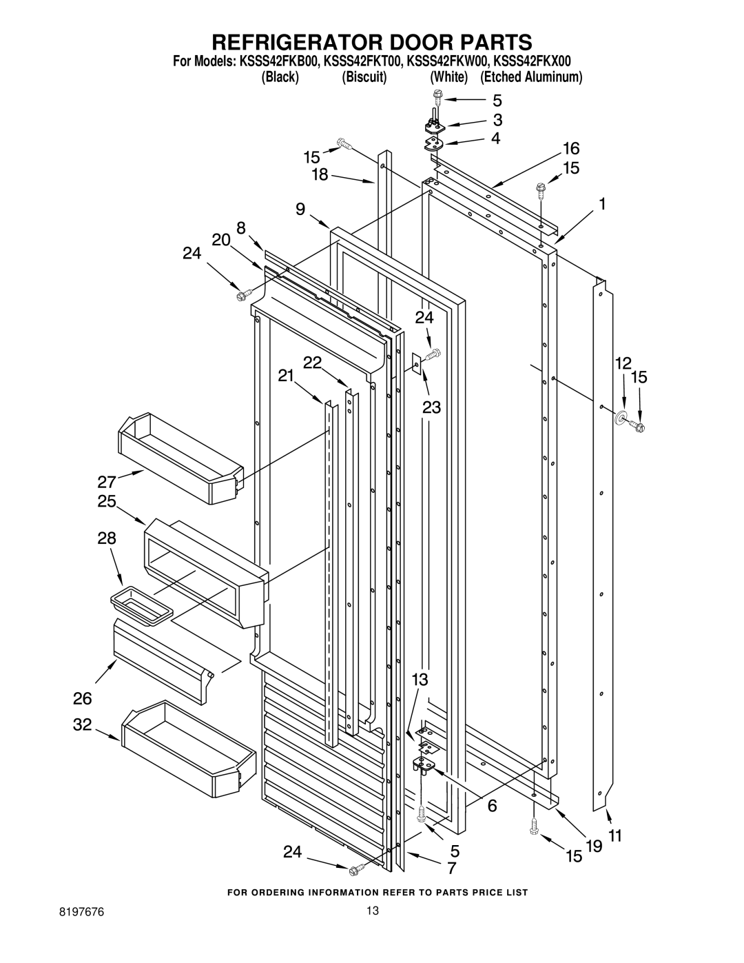 KitchenAid KSSS42FKW00, KSSS42FKX00, KSSS42FKB00, KSSS42FKT00 manual Refrigerator Door Parts 