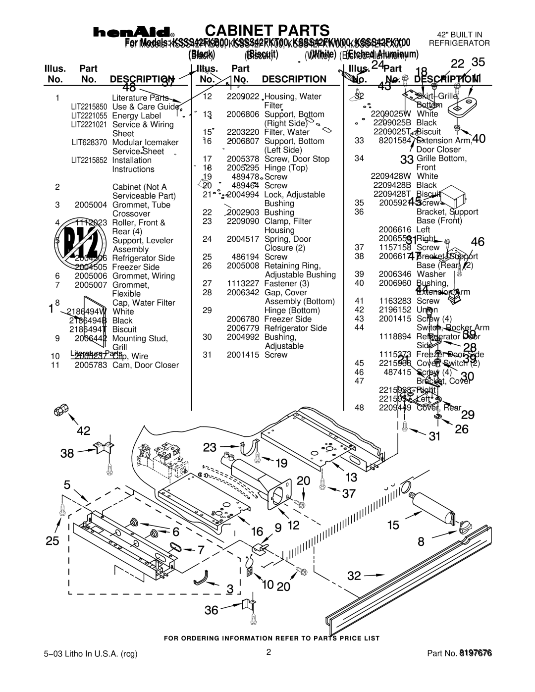 KitchenAid KSSS42FKB00, KSSS42FKX00, KSSS42FKW00, KSSS42FKT00 manual Illus. Part No. No. Description 