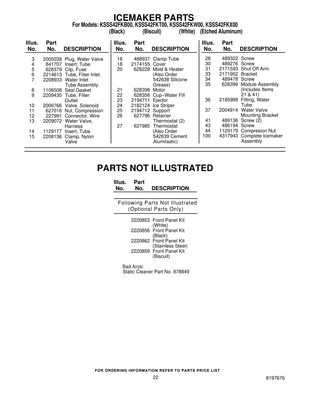 KitchenAid KSSS42FKB00, KSSS42FKX00, KSSS42FKW00 Parts not Illustrated, Following Parts Not Illustrated Optional Parts Only 