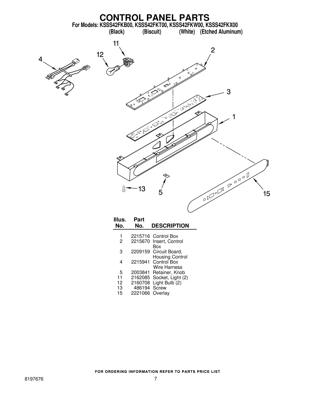 KitchenAid KSSS42FKT00, KSSS42FKX00, KSSS42FKW00, KSSS42FKB00 manual Control Panel Parts 