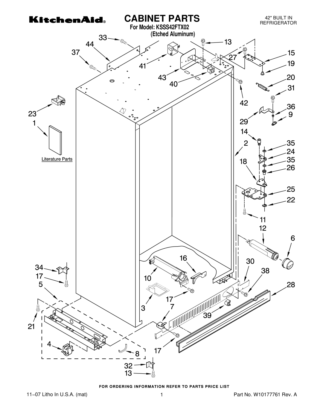 KitchenAid KSSS42FTX02 manual Cabinet Parts 