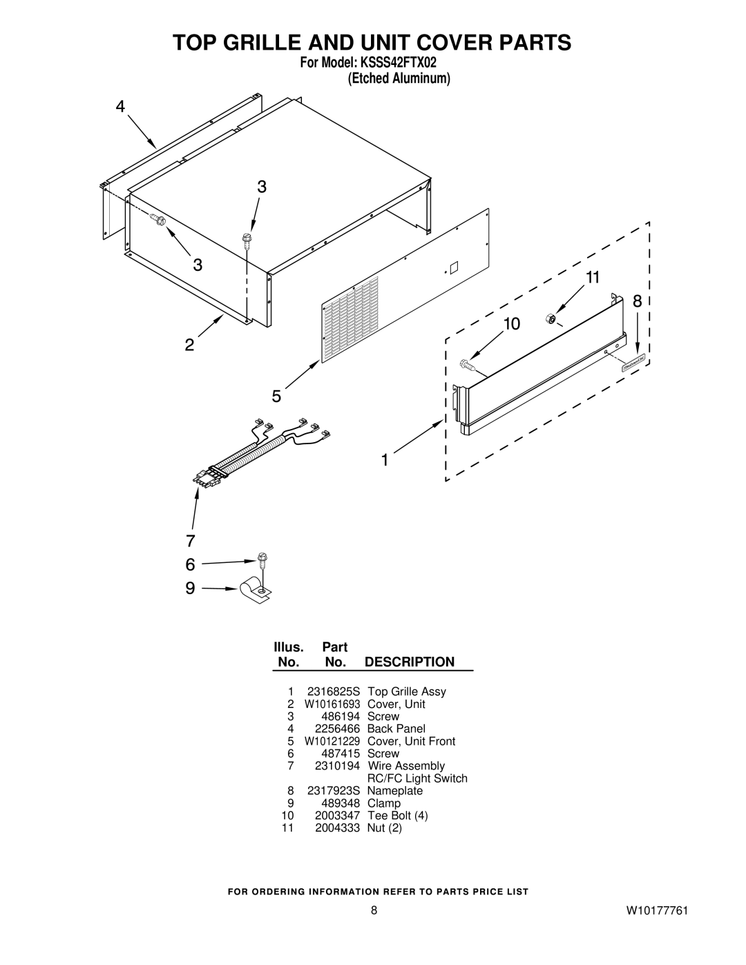 KitchenAid KSSS42FTX02 manual TOP Grille and Unit Cover Parts 