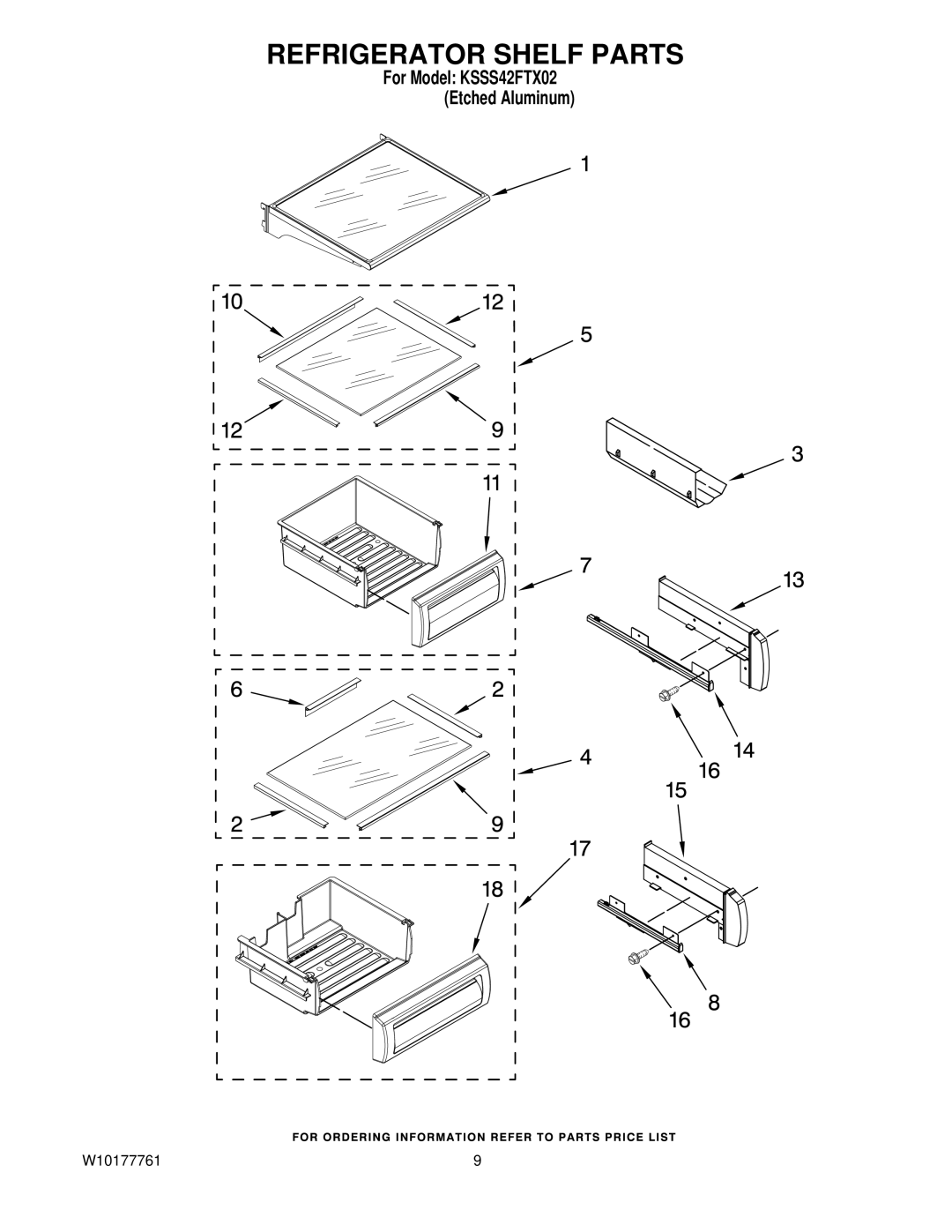 KitchenAid KSSS42FTX02 manual Refrigerator Shelf Parts 