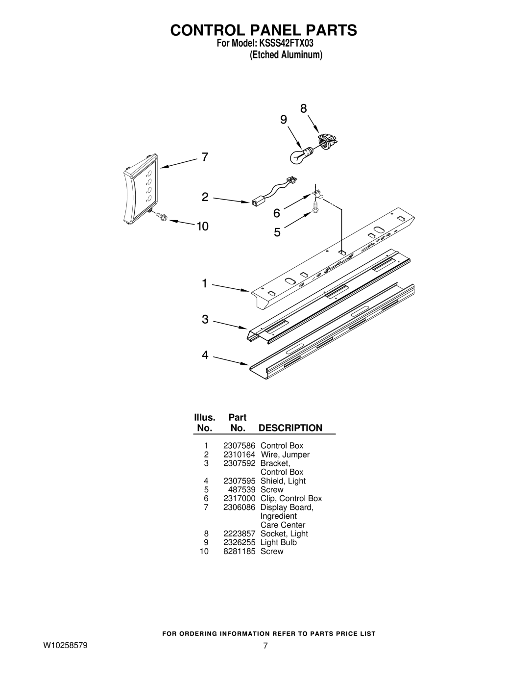 KitchenAid KSSS42FTX03 manual Control Panel Parts 