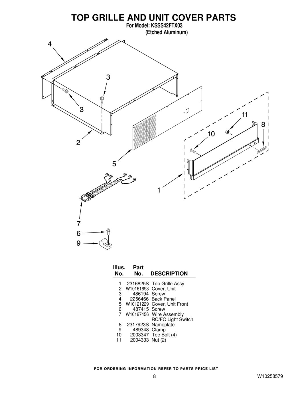 KitchenAid KSSS42FTX03 manual TOP Grille and Unit Cover Parts 