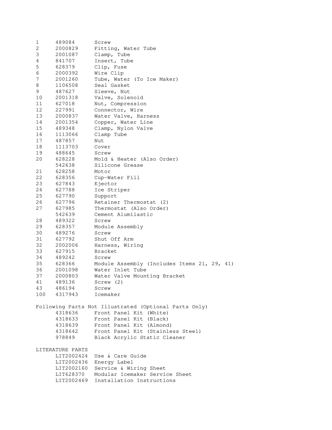 KitchenAid KSSS42MBX01 manual Literature Parts 