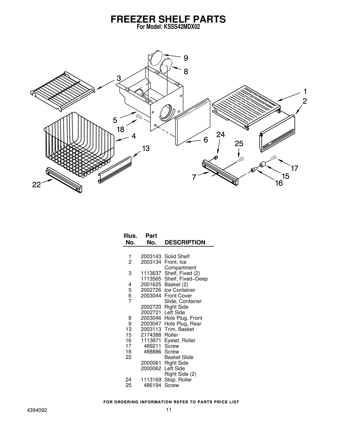 KitchenAid KSSS42MDX02 manual Freezer Shelf Parts 