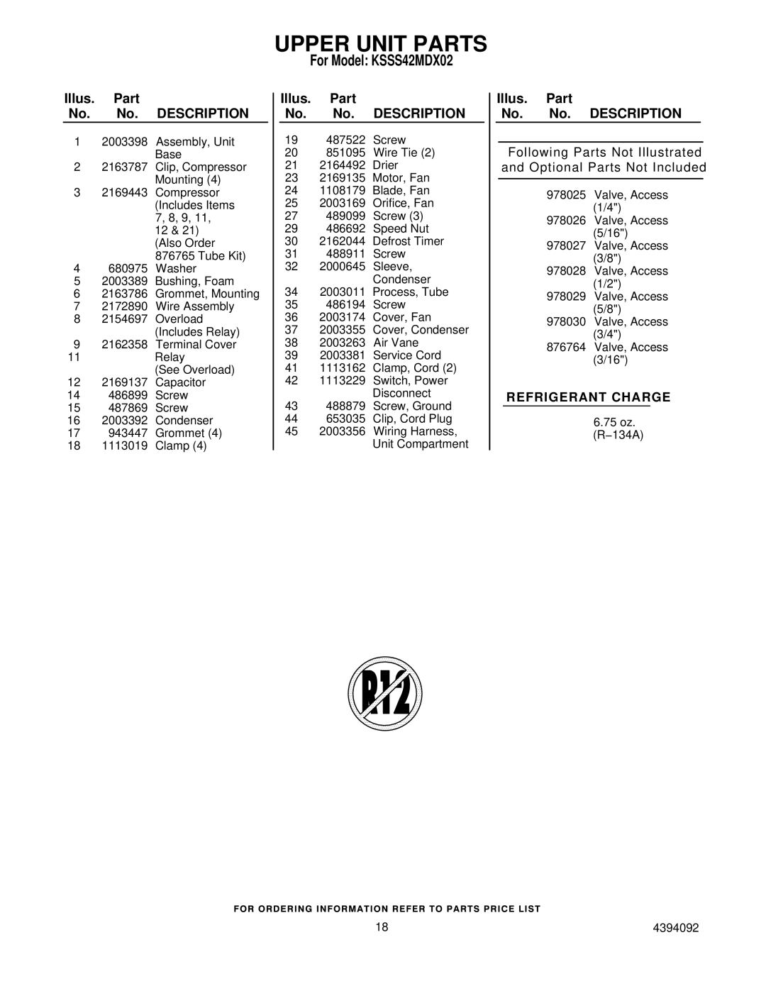 KitchenAid KSSS42MDX02 manual Upper Unit Parts 