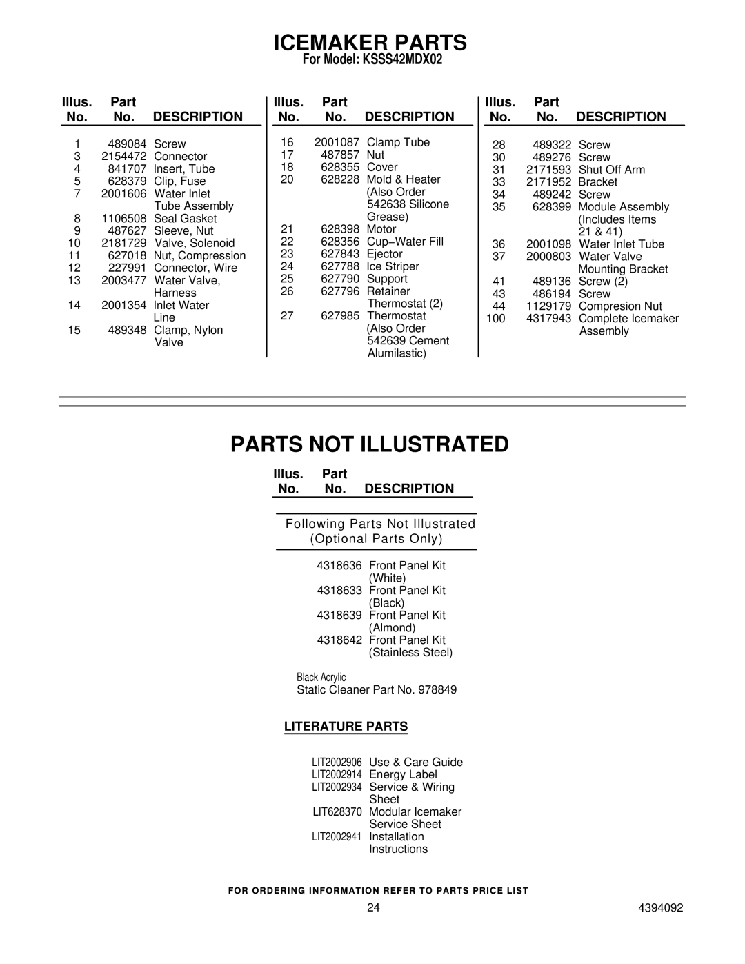 KitchenAid KSSS42MDX02 manual Parts not Illustrated, Literature Parts 