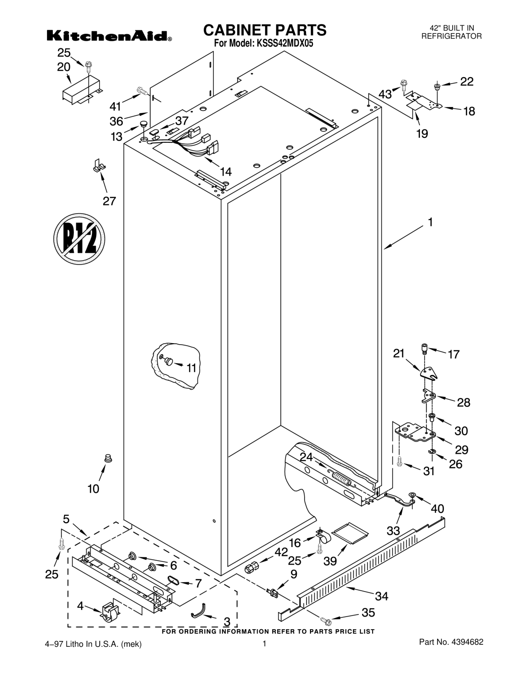 KitchenAid manual Cabinet Parts, For Model KSSS42MDX05 