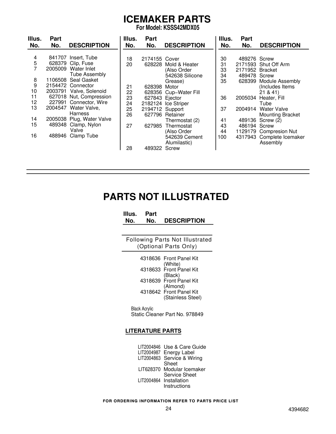 KitchenAid KSSS42MDX05 manual Parts not Illustrated, Literature Parts 