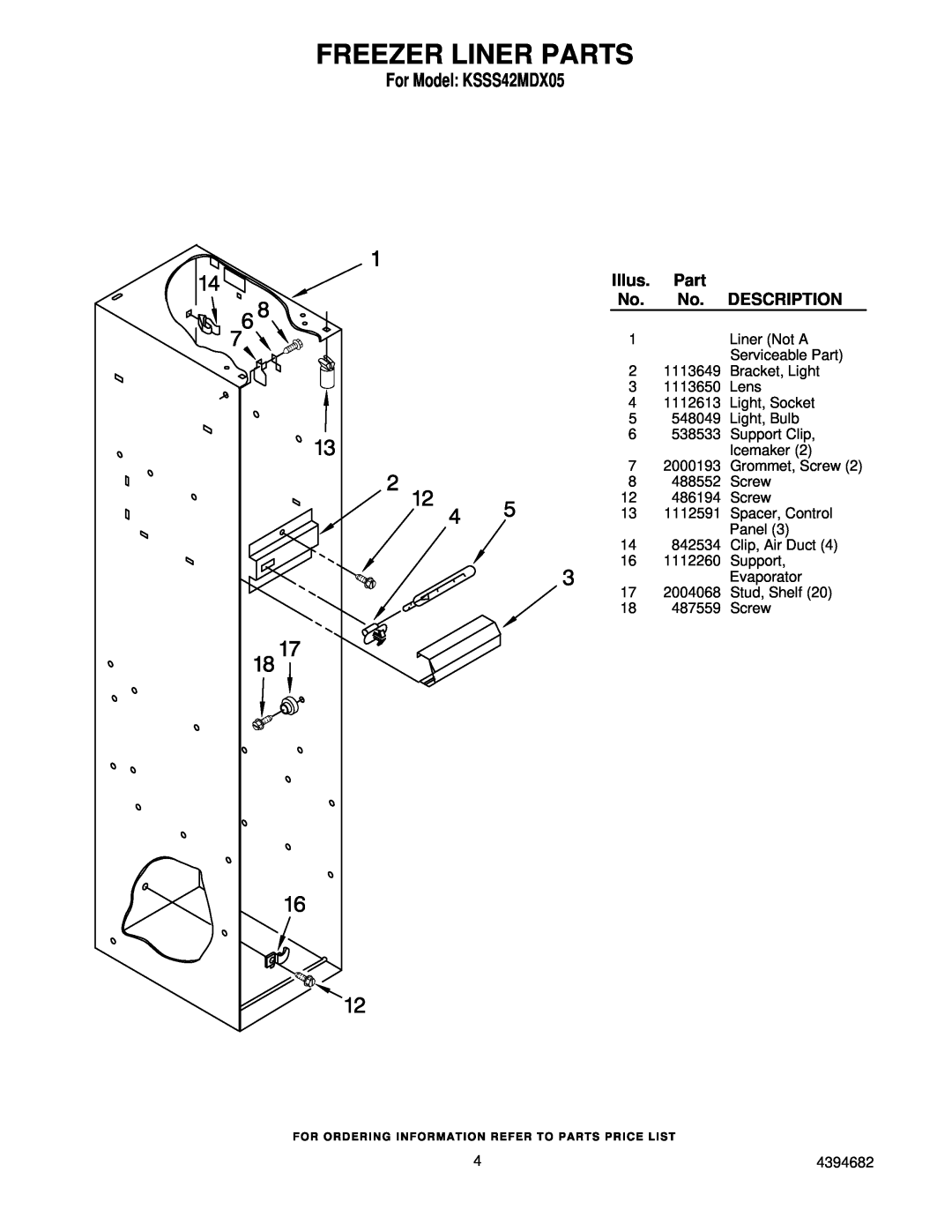 KitchenAid manual Freezer Liner Parts, For Model KSSS42MDX05, Illus, Description 
