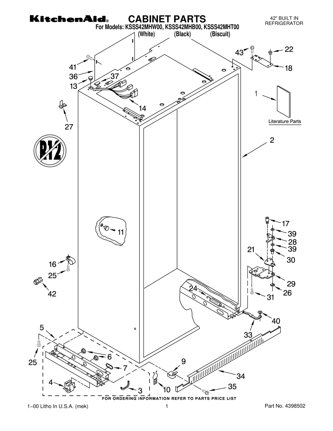 KitchenAid KSSS42MHB00, KSSS42MHW00, KSSS42MHT00 manual Cabinet Parts 