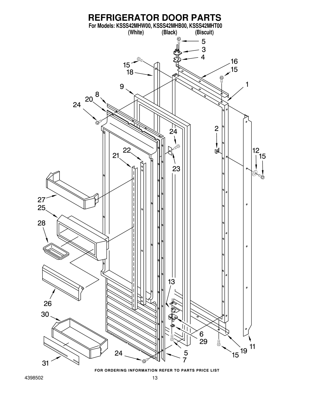 KitchenAid KSSS42MHB00, KSSS42MHW00, KSSS42MHT00 manual Refrigerator Door Parts 