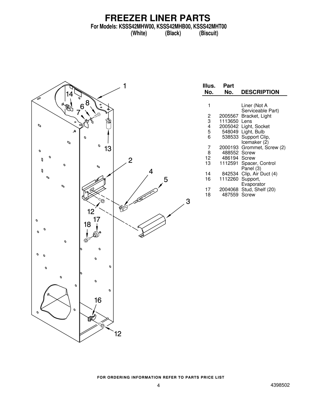 KitchenAid KSSS42MHB00, KSSS42MHW00, KSSS42MHT00 manual Freezer Liner Parts 