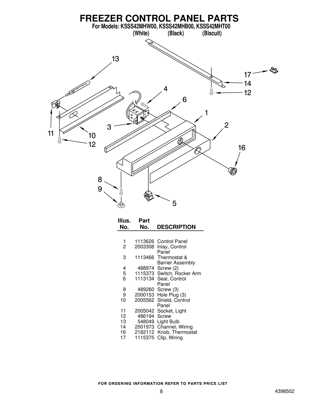 KitchenAid KSSS42MHT00, KSSS42MHW00, KSSS42MHB00 manual Freezer Control Panel Parts 