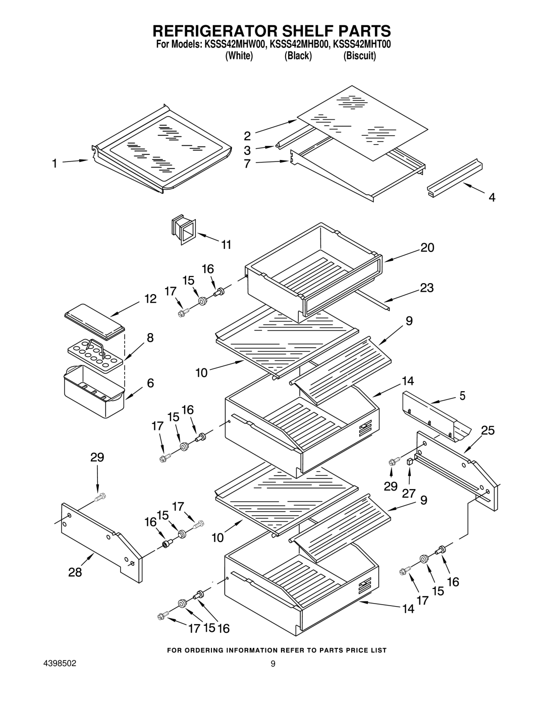 KitchenAid KSSS42MHW00, KSSS42MHB00, KSSS42MHT00 manual Refrigerator Shelf Parts 