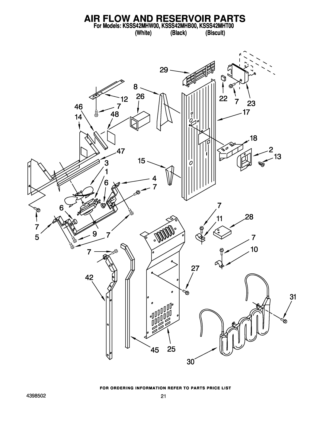 KitchenAid manual Air Flow And Reservoir Parts, For Models KSSS42MHW00, KSSS42MHB00, KSSS42MHT00 White Black Biscuit 