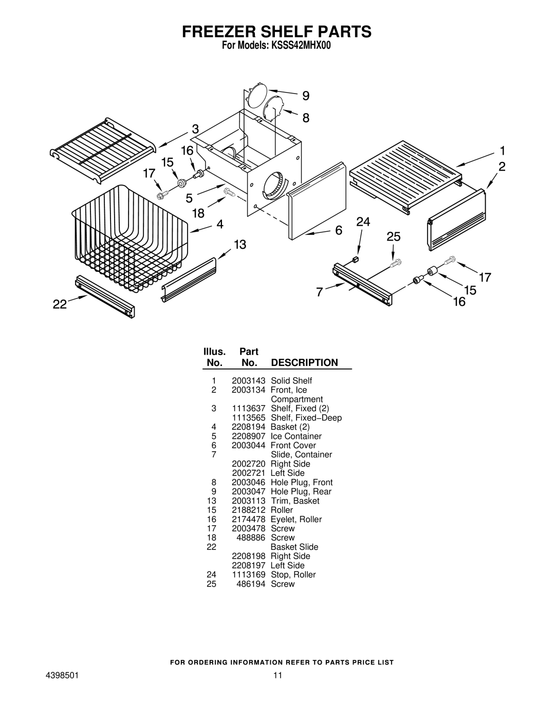 KitchenAid KSSS42MHX00 manual Freezer Shelf Parts 