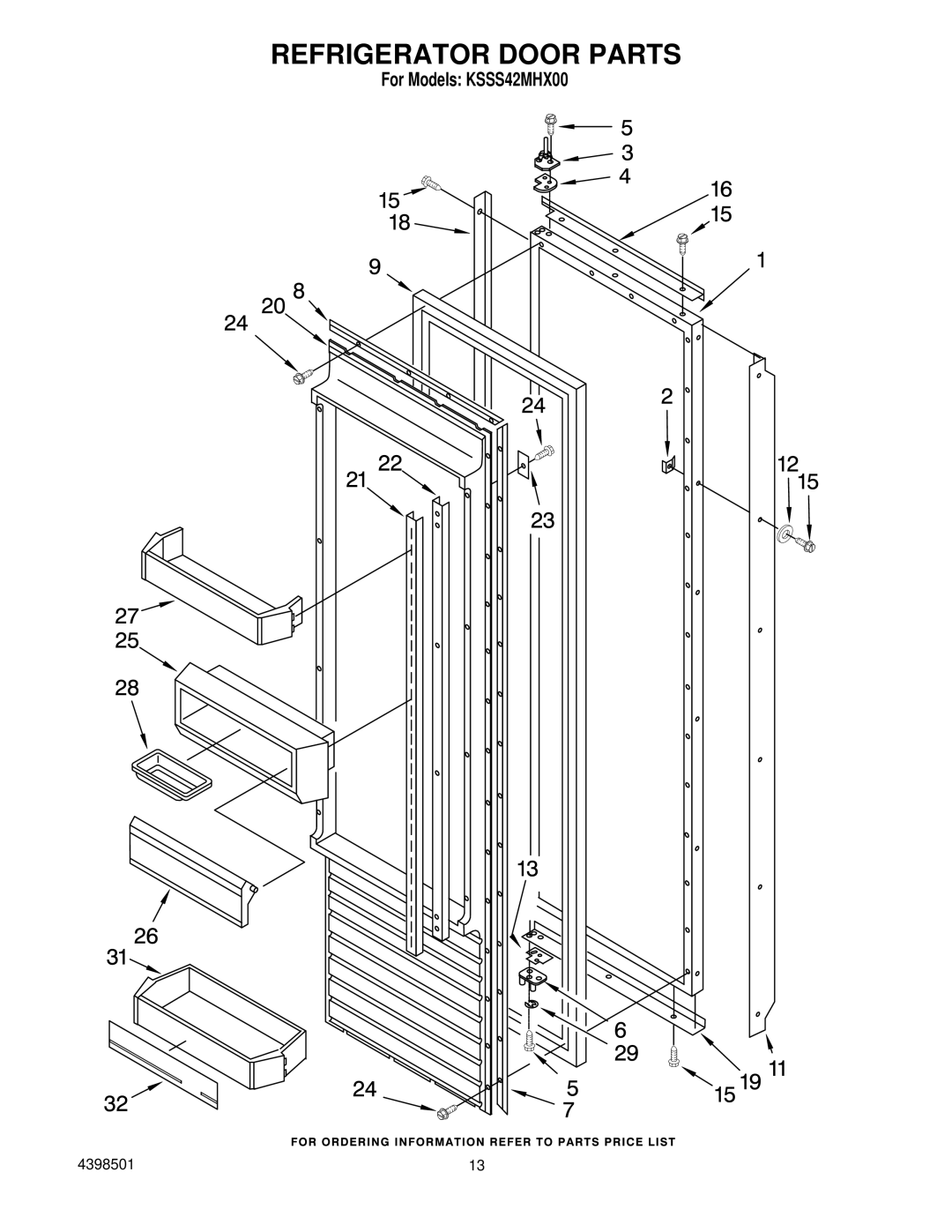 KitchenAid KSSS42MHX00 manual Refrigerator Door Parts 