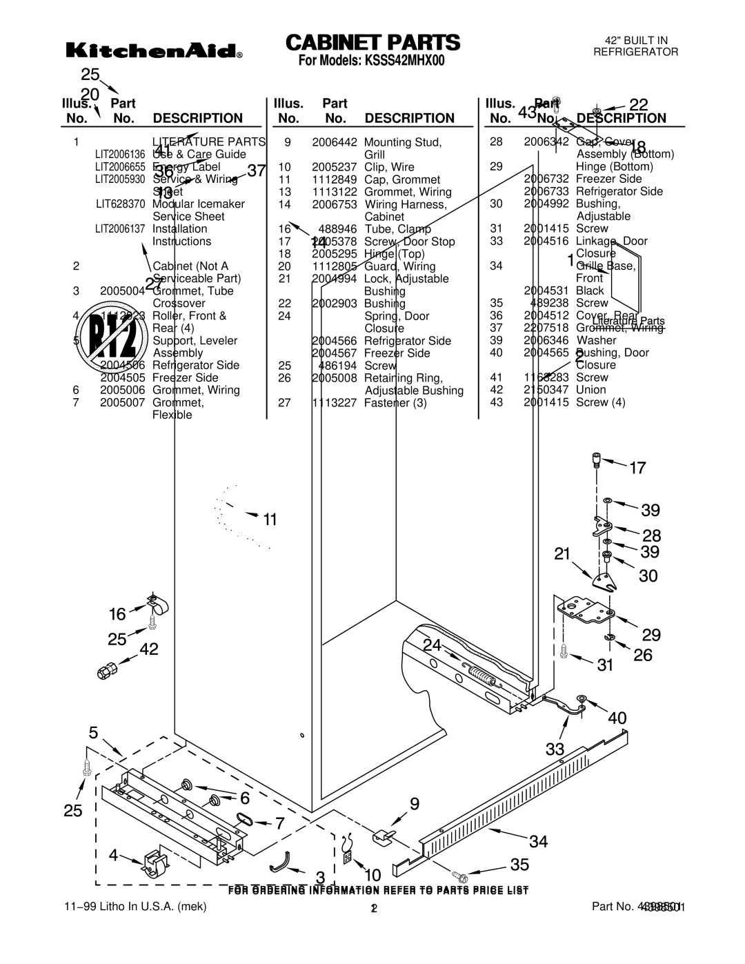 KitchenAid KSSS42MHX00 manual Illus. Part No. No. Description 