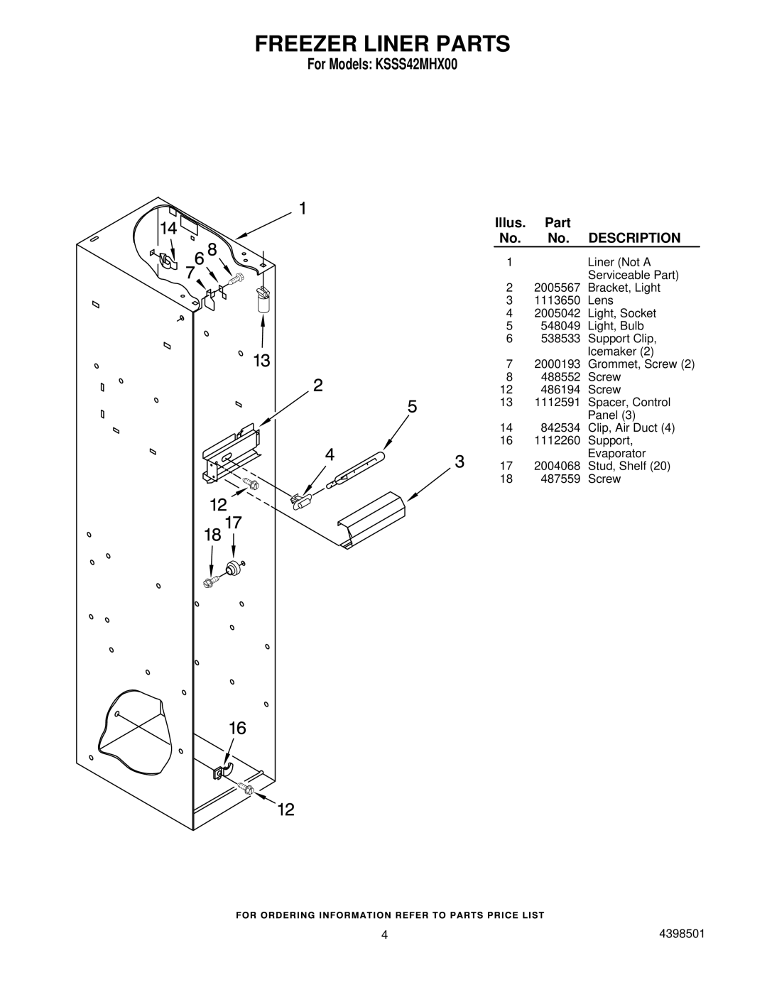 KitchenAid KSSS42MHX00 manual Freezer Liner Parts 