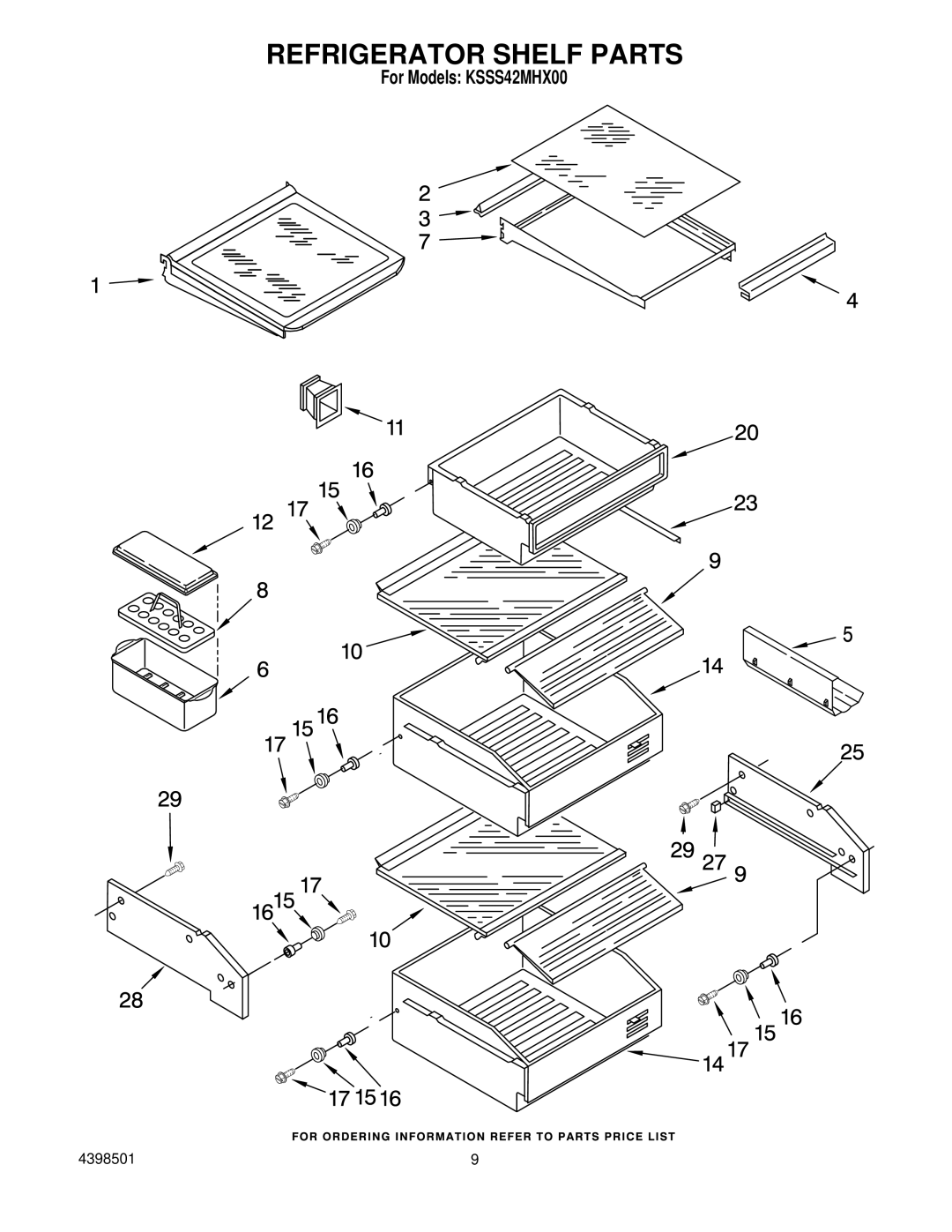 KitchenAid KSSS42MHX00 manual Refrigerator Shelf Parts 