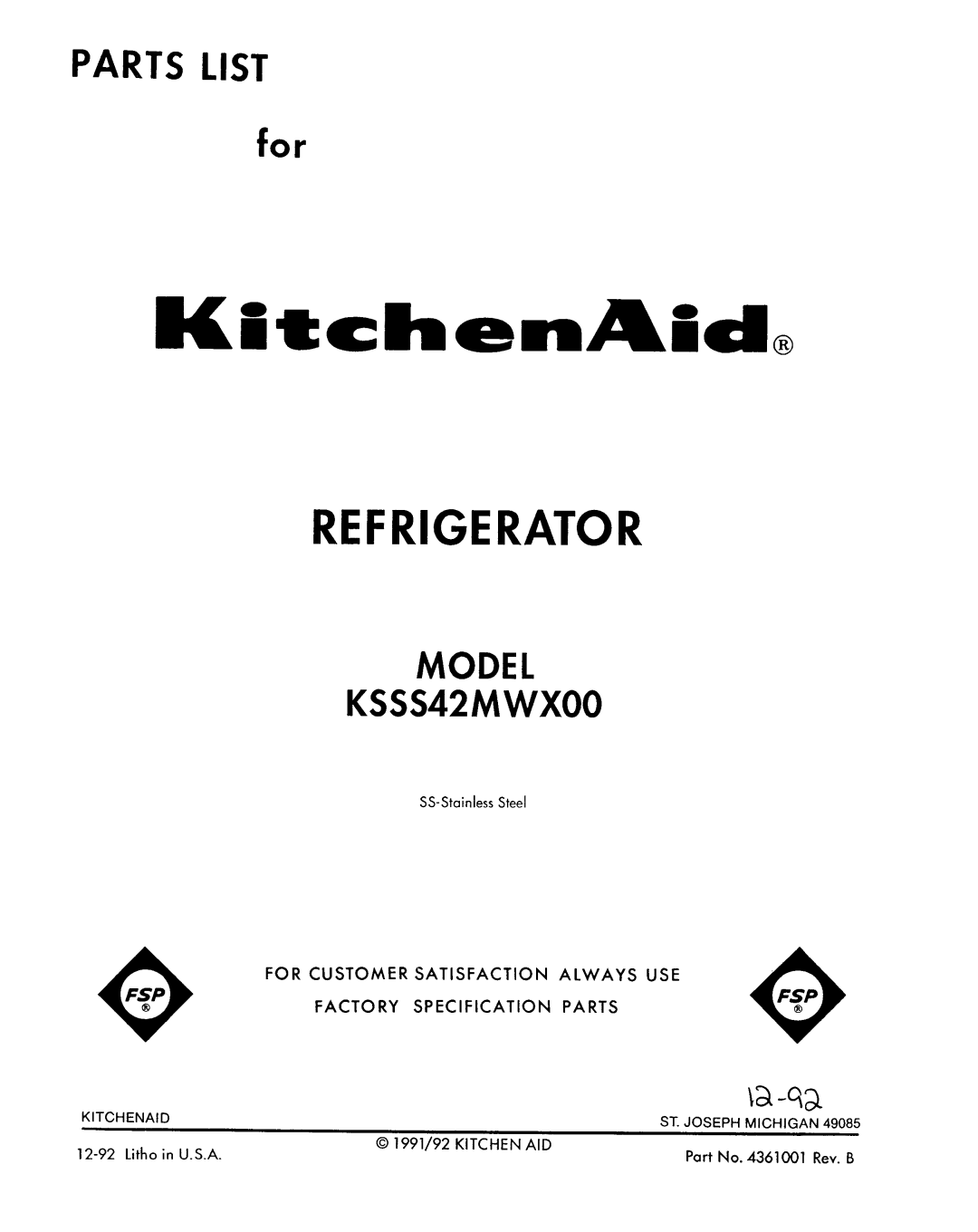 KitchenAid KSSS42MWX00 manual 
